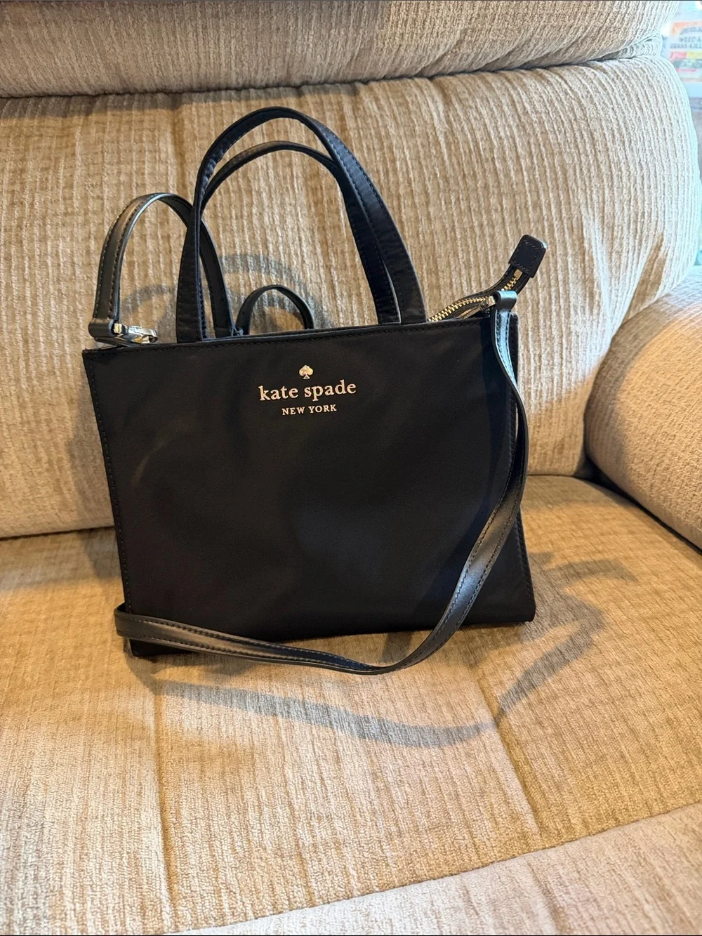kate spade Black Nylon double handle Crossbody Tote with Gold Logo 8 x 10